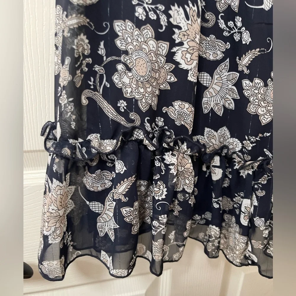 CHELSEA 28 - Spaghetti Strap Navy Paisley Floral Ruffle Mini Dress Size Large - Picture 4 of 7